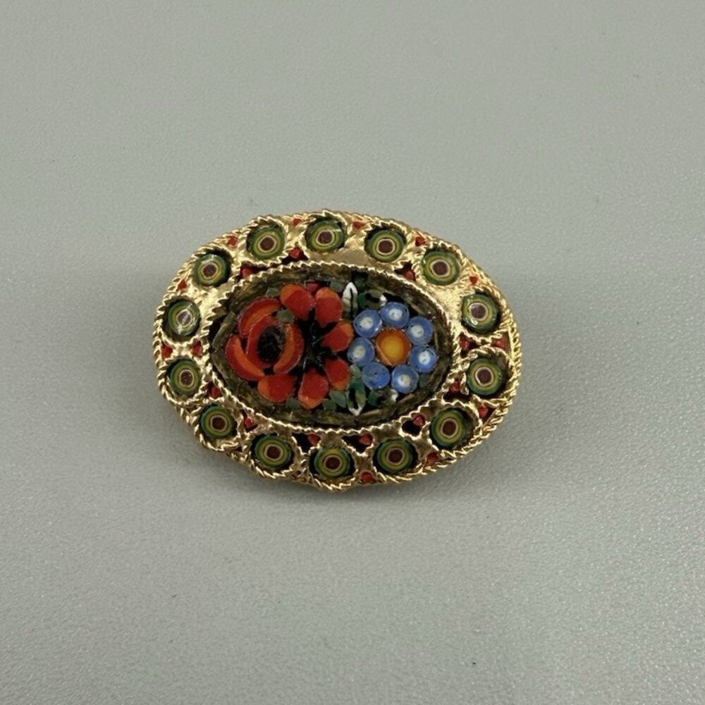 Vintage Italian Micro Mosaic Brooch Floral Millefiori Glass Gold Tone Oval Pin
